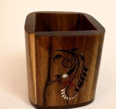 Handcrafted Wood Square Pen Pot with Floral Design
